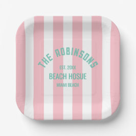 Plato De Papel Beach House Custom Name Pink Cabana Stripe