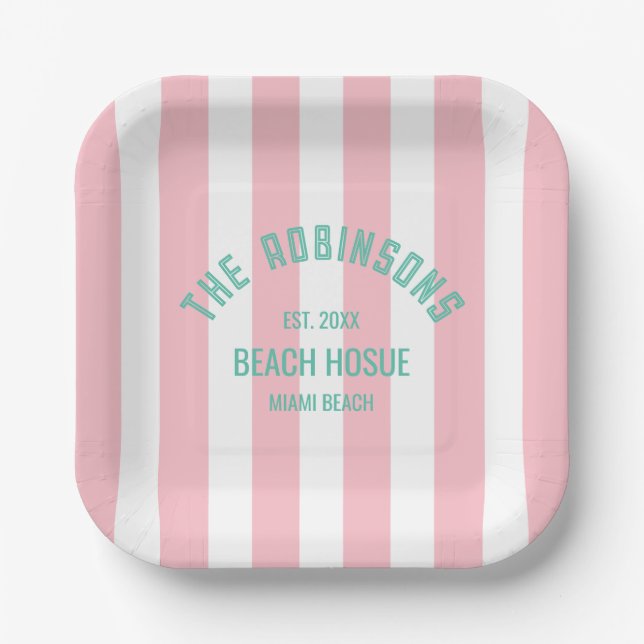 Plato De Papel Beach House Custom Name Pink Cabana Stripe (Anverso)