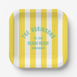 Plato De Papel Beach House Custom Name Yellow Cabana Stripe