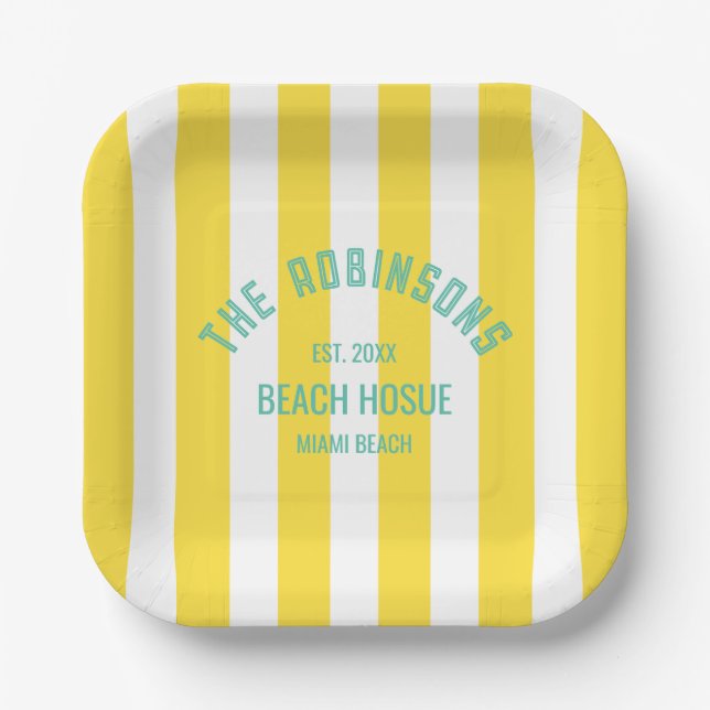 Plato De Papel Beach House Custom Name Yellow Cabana Stripe (Anverso)