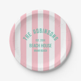 Plato De Papel Beach House Family Name Pink Cabana Stripe