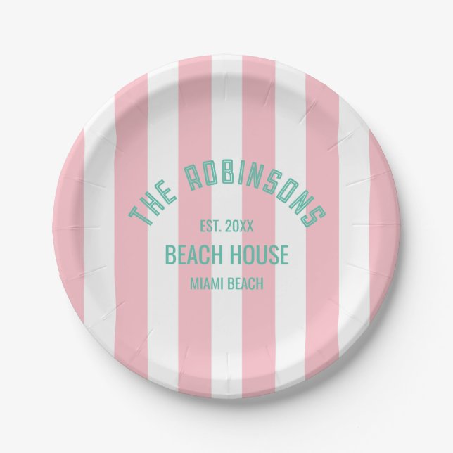 Plato De Papel Beach House Family Name Pink Cabana Stripe (Anverso)
