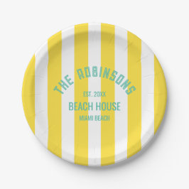 Plato De Papel Beach House Family Name Yellow Cabana Stripe