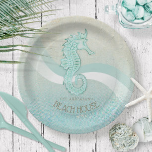 Plato De Papel Beach House Seahorse Aqua Blue ID623
