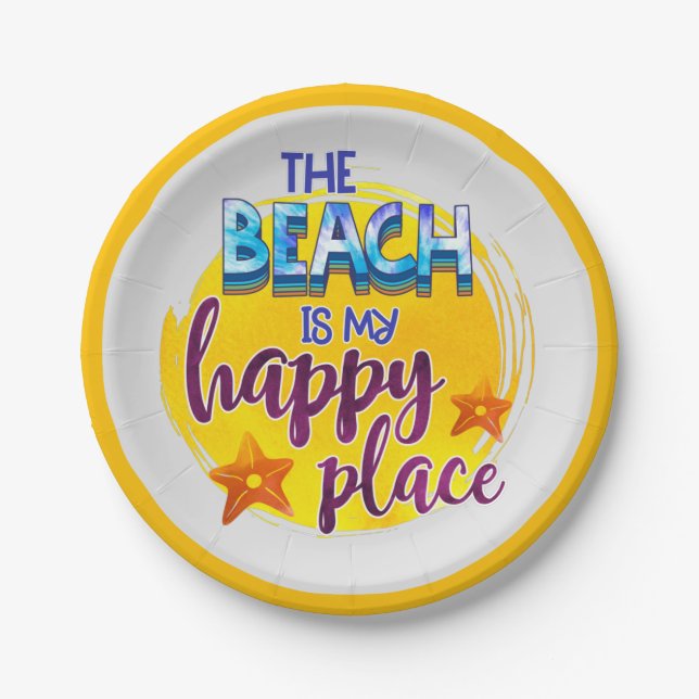 Plato De Papel Beach is Happy Place Cita Brillante Amarillo (Anverso)