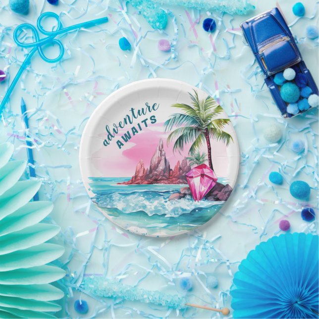 Plato De Papel Beach Palm Tree Mountain View Adventure (Fiesta)