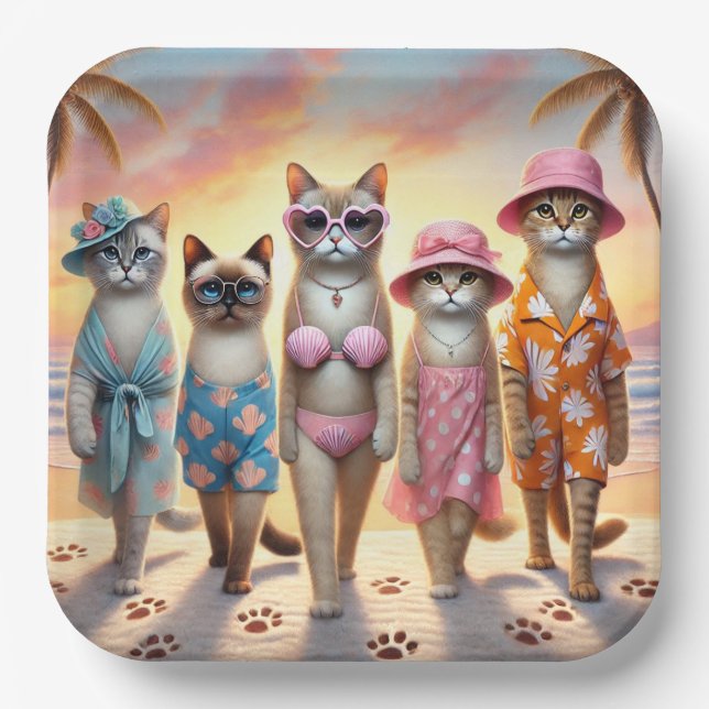 Plato De Papel Beach Party Siamese Cat Beach  Tropical Summer  (Anverso)
