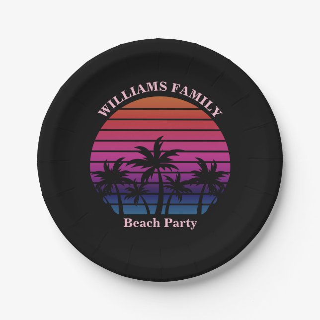 Plato De Papel Beach Party Tropical Sunset Palm Trees Black (Anverso)