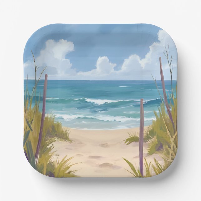 Plato De Papel Beach Path | Ocean Watercolor Coastal Painted (Anverso)