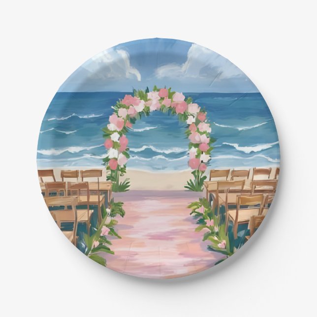 Plato De Papel Beach Wedding Aisle Floral Watercolor (Anverso)