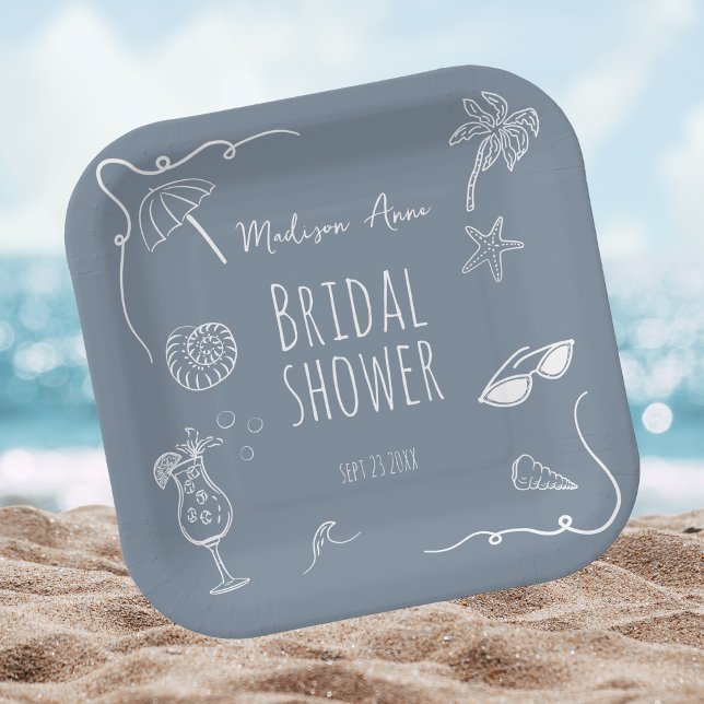 Plato De Papel Beach Whimsical Doodle Illustrations Bridal Shower (Subido por el creador)