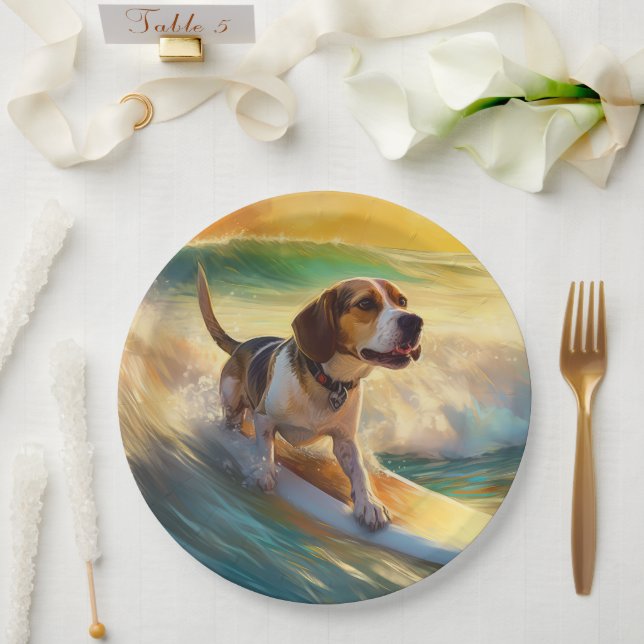 Plato De Papel Beagle Beach Surfing Painting (Boda)