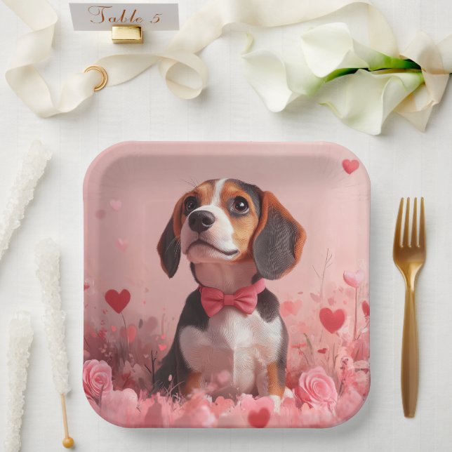 Plato De Papel Beagle con Rosas - El día de San Valentín (Boda)