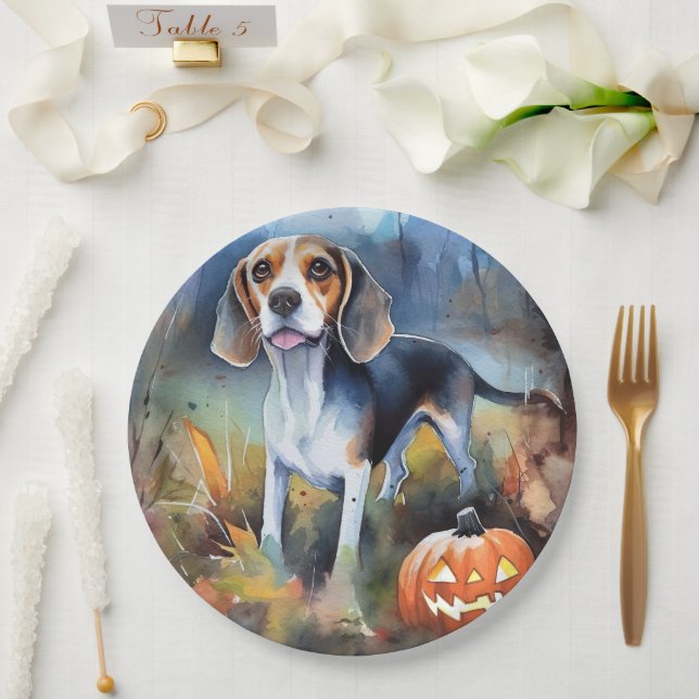 Plato De Papel Beagle de Halloween con calabazas aterradoras (Boda)