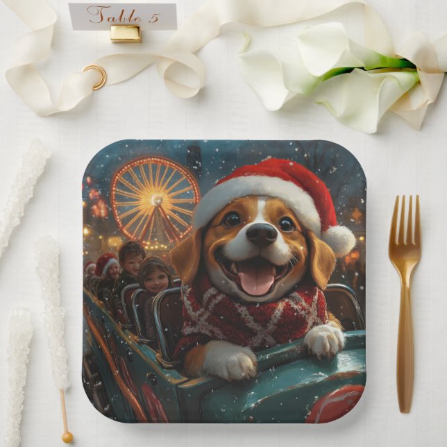 Plato De Papel Beagle Dog Roller Coaster Navidades (Boda)