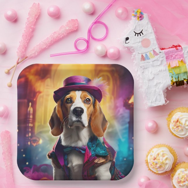 Plato De Papel Beagle en traje vibrante (Fiesta)