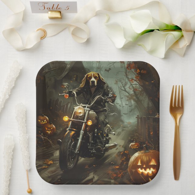 Plato De Papel Beagle Riding Motorcycle Halloween Scary (Boda)