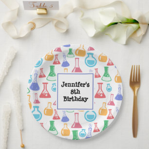 Plato De Papel Beakers and Flask Fun Science Pattern Cumpleaños