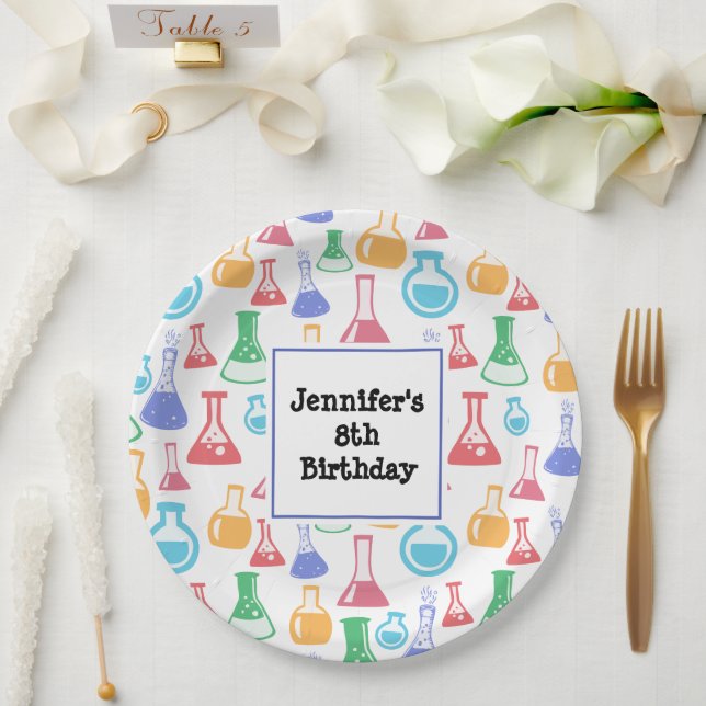 Plato De Papel Beakers and Flask Fun Science Pattern Cumpleaños (Boda)