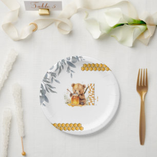 Plato De Papel Bear acuático clásico Miel cuarto cumpleaños