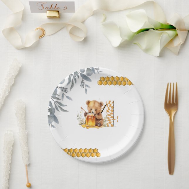 Plato De Papel Bear acuático clásico Miel cuarto cumpleaños (Boda)