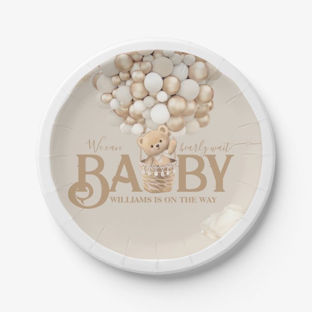 Plato De Papel Bear Balloons Bearly Wait Baby Shower (Anverso)