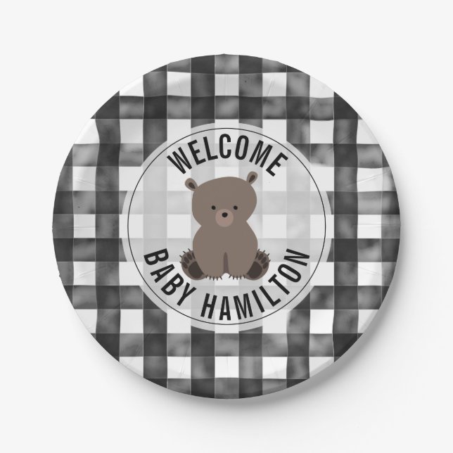 Plato De Papel Bear Bear Black + White Gingham Baby Shower (Anverso)
