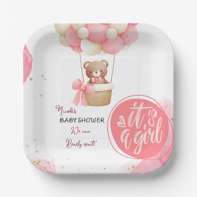 Plato De Papel Bear Bear Oro Rosa Balón de aire caliente Baby Sho (Anverso)