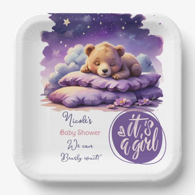 Plato De Papel Bear Bear Sleeping Purple Galaxy Chica Baby Shower (Anverso)