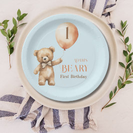 Plato De Papel Bear Blue Boy Beary 1er cumpleaños