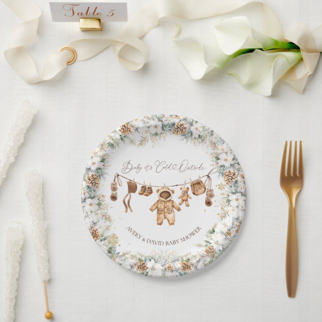 Plato De Papel Bear ClothestLine Frío fuera de Baby Shower (Boda)