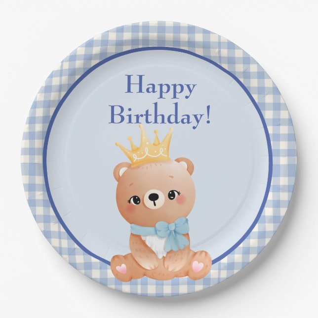 Plato De Papel Bear Cub Blue Checker Feliz cumpleaños (Anverso)