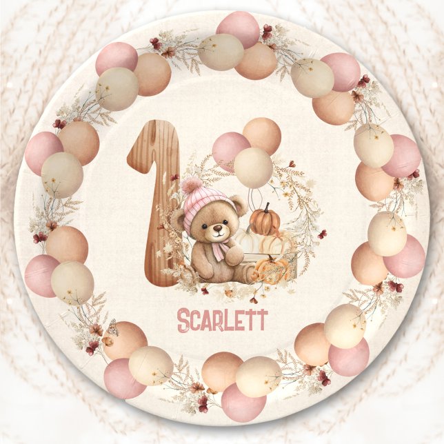Plato De Papel Bear Fall Beary 1er cumpleaños Chica Placas de pap (Bear Fall Beary 1st Birthday Girl Paper Plates)