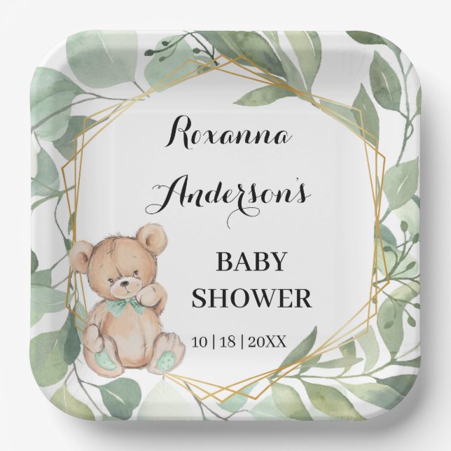Plato De Papel Bear Greenery Gold Baby Shower (Anverso)