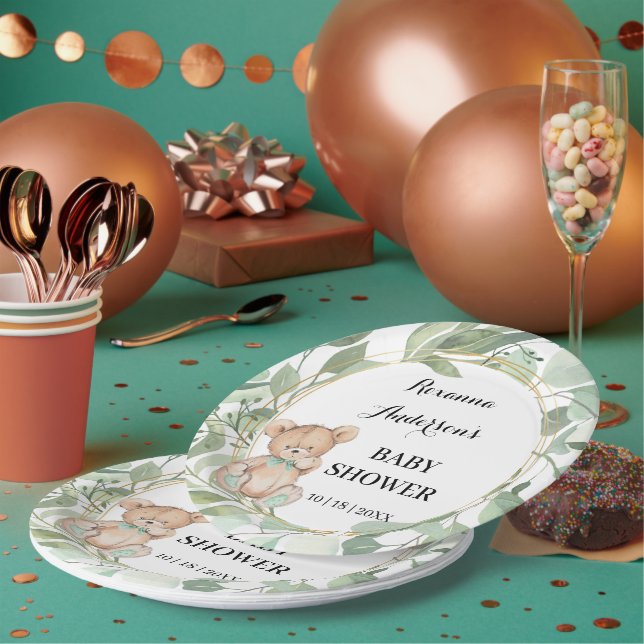 Plato De Papel Bear Greenery Gold Baby Shower (Multi)