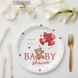 Plato De Papel Bear Heart Balloons Baby Shower rojo