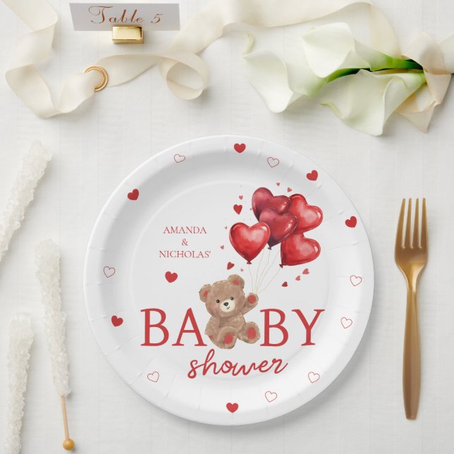 Plato De Papel Bear Heart Balloons Baby Shower rojo (Boda)