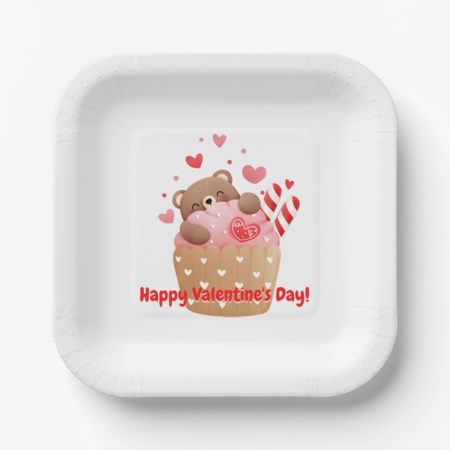 Plato De Papel Bear Hearts Candy Valentine Cupcake (Anverso)