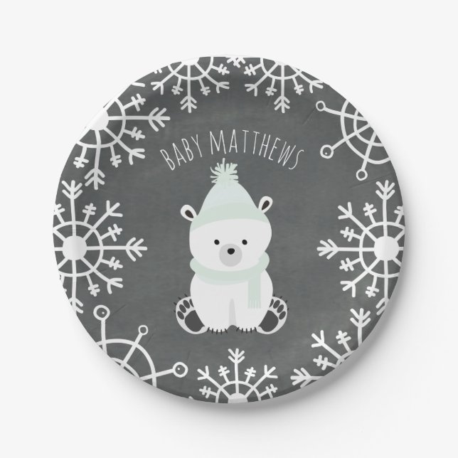 Plato De Papel Bear Neutral Winter Baby Shower (Anverso)