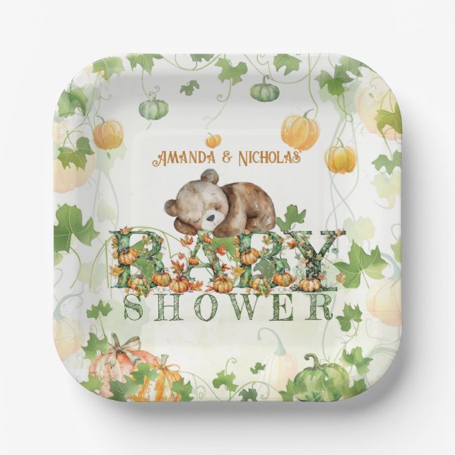 Plato De Papel Bear Pumpkins Whimsical Fall Baby Shower (Anverso)