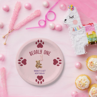Plato De Papel Bearly One | Oso de peluche marrón cumple un año