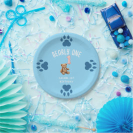Plato De Papel Bearly One | Oso de peluche marrón cumpleaños