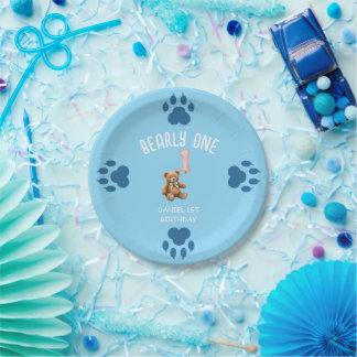 Plato De Papel Bearly One | Oso de peluche marrón cumpleaños