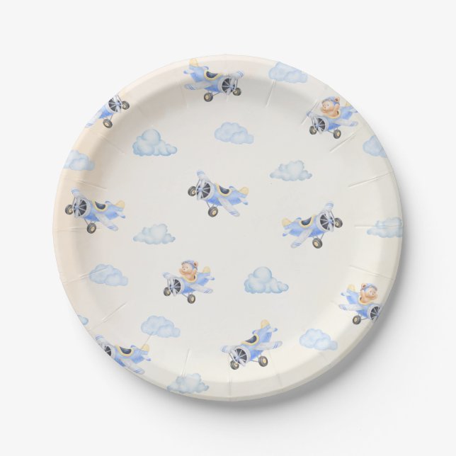 Plato De Papel Bearly Wait Baby Shower Flying Bear & Cloud  (Anverso)