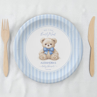 Plato De Papel Bearly Wait Baby Shower Teddy Bear & Blue Stripes 