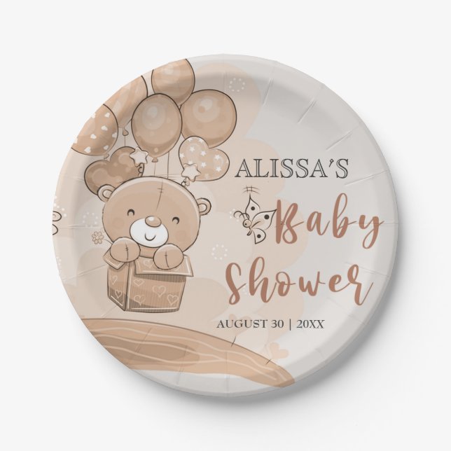 Plato De Papel Bearly Wait Balloons Tema de Baby Shower Beige (Anverso)
