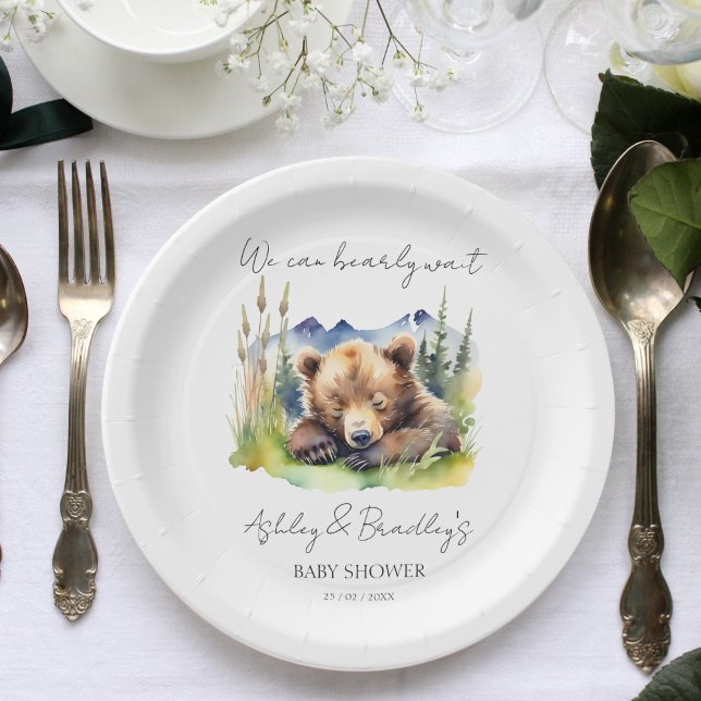 Plato De Papel Bearly wait bear cub adventure espera la ducha de  (Bearly wait bear cub adventure awaits baby shower paper plates personalized tableware cute baby bear)