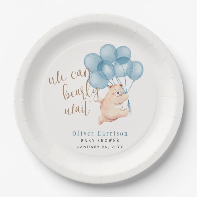 Plato De Papel Bearly Wait Cuear Bear Blue Balloon Boy Baby Showe (Anverso)