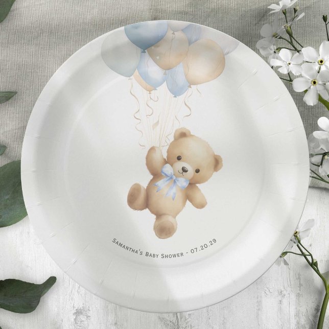 Plato De Papel Bearly Wait Cute Teddy Bear y Blue Balloons (Blue We can Bearly Wait, baby Boy Shower paper plate.)