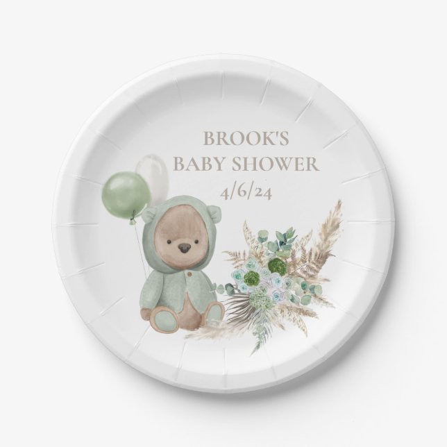 Plato De Papel Bearly Wait Green Boho Bear Favor (Anverso)